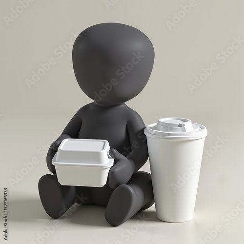 Cartoon figure holding takeout container and coffee cup indoors  