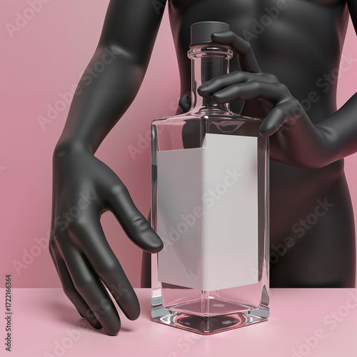 Glass bottle held by black mannequin hand on pink background  