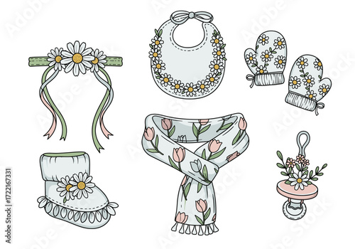 Floral Baby Accessories Vector Set – Hand Drawn Cute Headband, Bib, Mittens, Bootie, Scarf, and Pacifier Clip with Pastel Blossoms and Botanical Details (1)