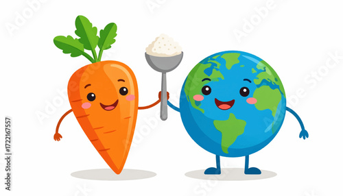Adorable cartoon carrot offering a spoonful of healthy nutrients to a happy planet Earth. A concept for vegetarianism, global health, and environmental care