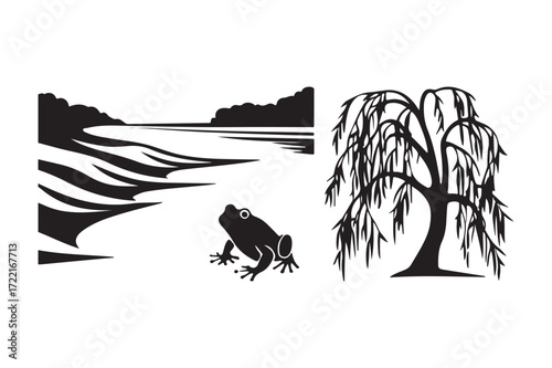 Silhouette of a frog willow tree and landscape by the water