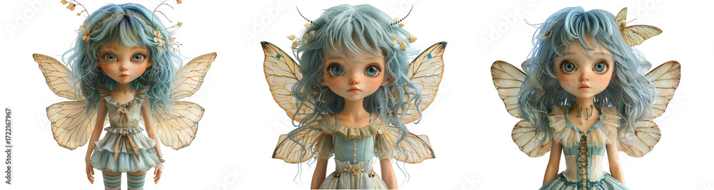 Fototapeta premium Three whimsical fairy dolls with blue hair and delicate wings, isolated on transparent background