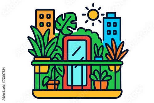Urban balcony garden with colorful plants and city background urban jungle