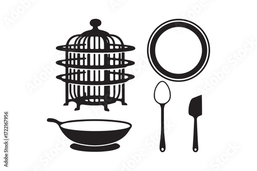 Vintage kitchen utensils and serving stand illustration