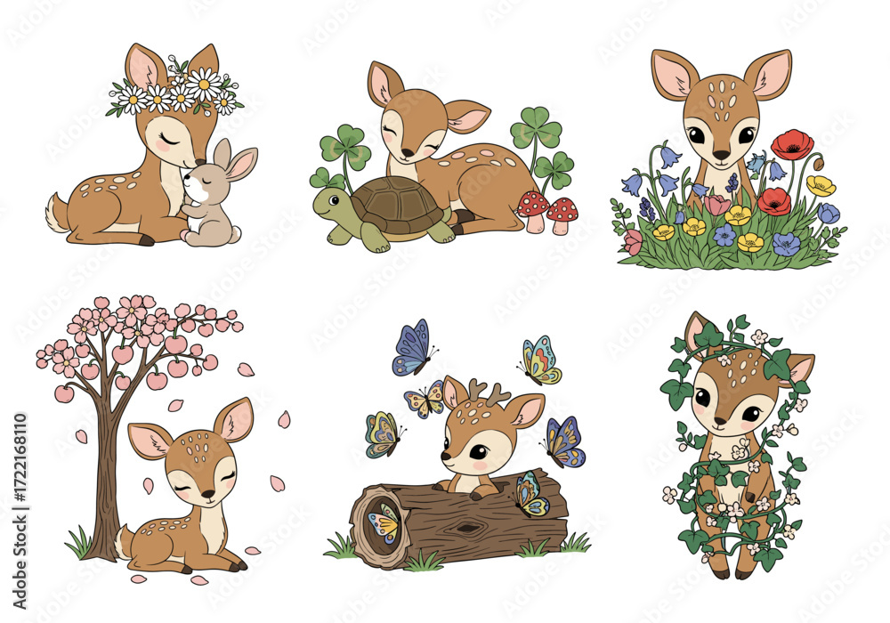 Fototapeta premium Whimsical Baby Deer Vector Set – Hand Drawn Cartoon Fawns with Flowers, Animals, Butterflies, and Forest Scenes in Soft Pastel Illustration Style