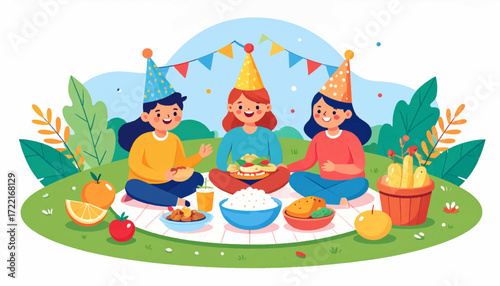 Celebrating Friendship Joyful Gathering of Friends Enjoying a Picnic in a Park with Delicious Food and Festive Decorations