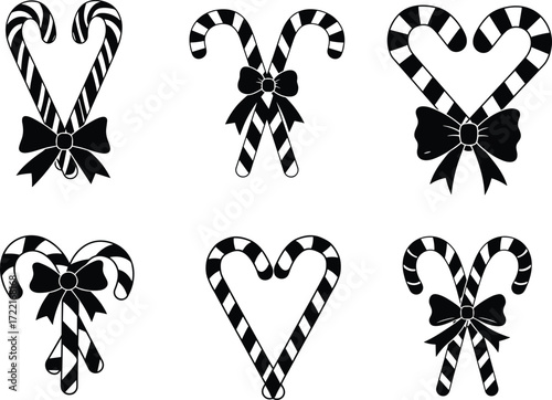 Christmas holiday candy cane silhouettes, festive sweet decoration, bow ornament, heart shape, winter celebration icon, seasonal vector design, decorative element set