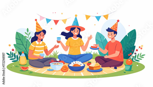 Cheerful friends celebrating a birthday picnic outdoors with food and drinks under colorful decorations