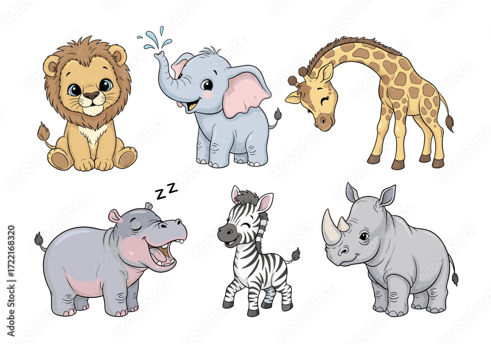 Obraz premium Wild Baby Animals Panel Vector Set – Hand Drawn Cartoon Lion, Elephant, Giraffe, Zebra, Fox, and Sloth in Rounded Frames with Pastel Accents (2)