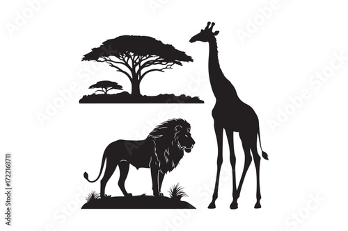 African safari silhouettes of lion giraffe and acacia tree