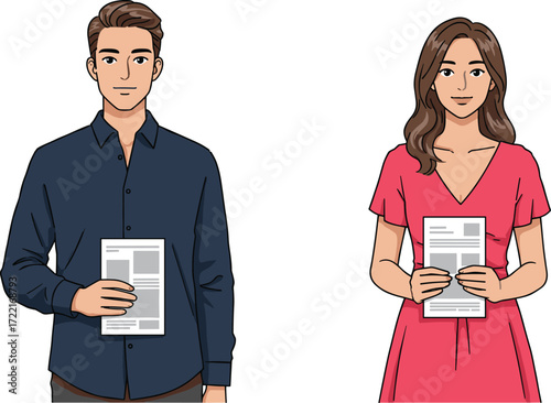 Young man and woman holding resume, job application concept, career opportunity, employment recruitment, professional candidates, business interview preparation illustration
