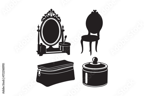 Vintage vanity set silhouette with ornate mirror and chair