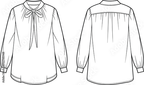 Blouse technical sketch, fashion illustration, bow neckline, puff sleeve, gathered yoke, long sleeve, front back view, garment design drawing