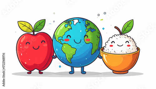 Whimsical cartoon characters of a cheerful red apple, a happy Earth, and a friendly bowl of rice smiling together, symbolizing global well-being, healthy living, and environmental harmony