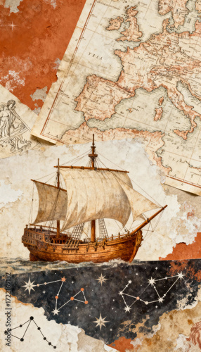 A vintage style illustration depicting a sailing ship with a map and constellations elements art