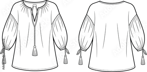 Boho blouse technical sketch, fashion illustration, puff sleeve, tassel tie, split neckline, front back view, garment design, vector drawing