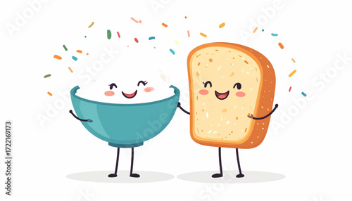 Cute illustrated rice bowl and toast character friends celebrating with confetti on a white background
