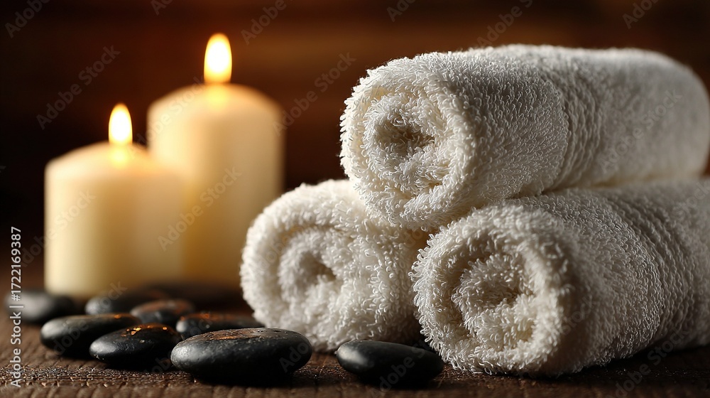 Naklejka premium A white towel pile sits atop a wooden table alongside a candle and black-white stones