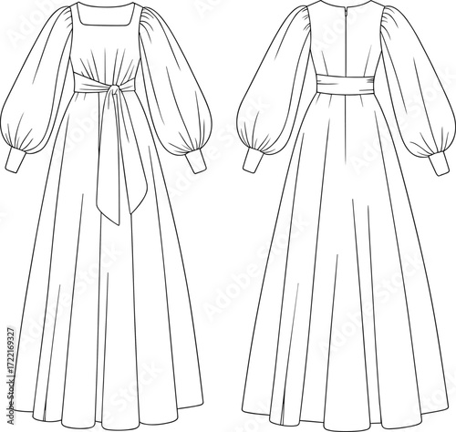 Dress technical sketch, fashion illustration, square neckline, bishop sleeve, waist tie, long skirt, front back view, garment design, vector drawing