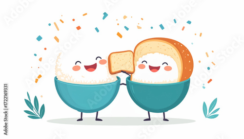 Cute Rice Bowl Friends with Toast Celebrate Together in a Cheerful Design