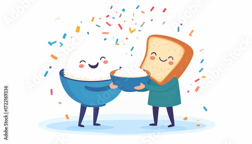 Joyful animated rice bowl and bread slice characters sharing a small dish, surrounded by celebratory confetti, illustrating unity, friendship, and collaborative spirit in a festive setting