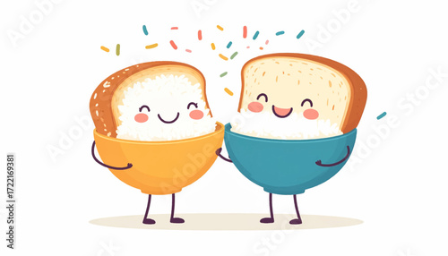 Happy Toast Friends A Cheerful Illustration of Two Smiling Bread Slices Celebrating Together