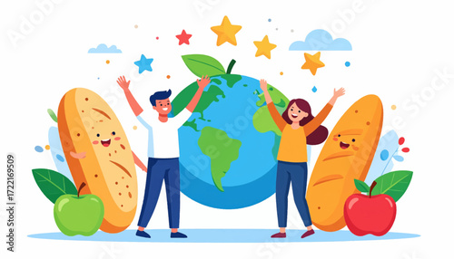 Joyful couple celebrates World Food Day with nutritious bread and fruit around the planet, symbolizing global food security and healthy eating