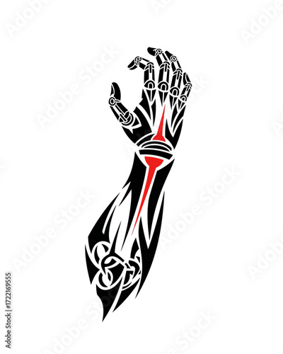 Tribal style robotic arm tattoo design, a powerful vector graphic illustrating the cybernetic fusion of technology and ancient art