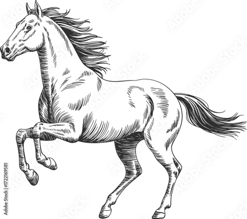 Hand drawn sketch illustration of horse, detailed vintage animal drawing, galloping equine artwork, wild stallion line art design for print