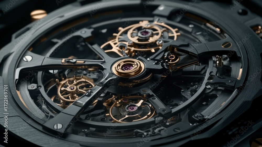 Fototapeta premium Intricate clockwork mechanism detail polished metal gears gray and rose gold tones