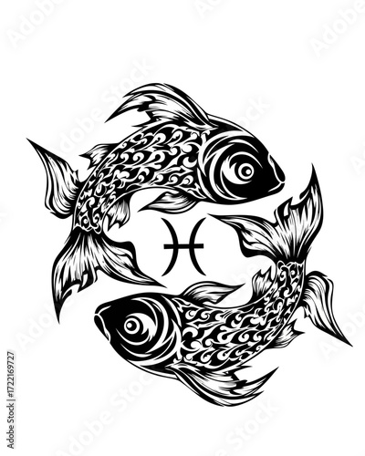 Vector illustration of the Pisces zodiac sign with intricate details, representing the constellation