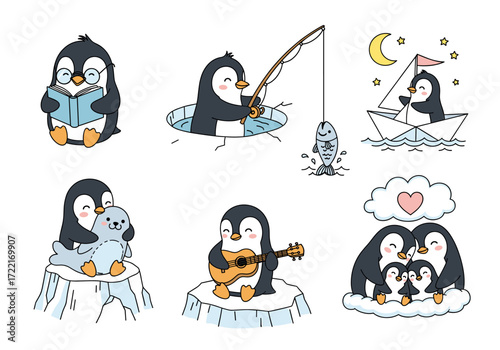 Playful Penguin Vector Set – Hand Drawn Doodle Style Penguins Reading, Fishing, Sailing, Hugging, Playing Music, and Huddling in Whimsical Scenes (1)