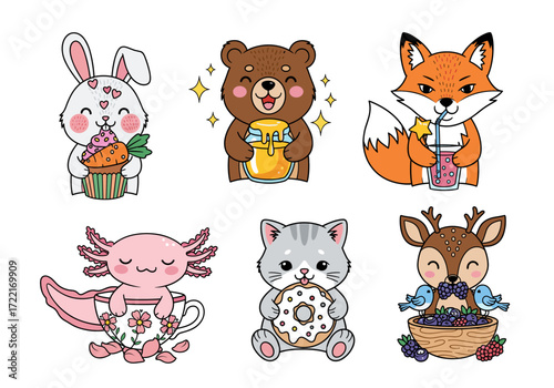 Kawaii Animal Treats Vector Set – Cute Hand Drawn Bunny, Bear, Fox, Axolotl, Kitten, and Deer Enjoying Snacks with Pastel Accents in Playful Style (2)