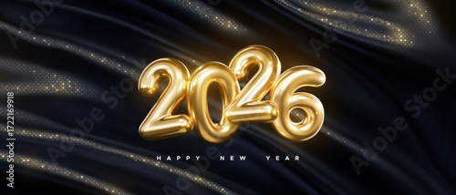 Happy New 2026 Year festive banner. 2026 golden metal sign. Vector holiday illustration. Gold numbers on black glittering fabric background