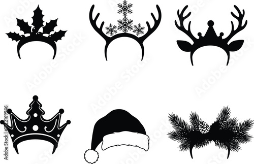 Christmas holiday festive headbands, Santa hat, reindeer antlers, snowflake tiara, holly leaves, pinecone crown, winter party costume accessories vector set