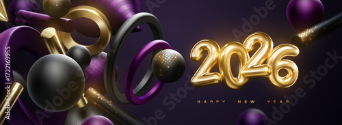Happy New 2026 Year holiday sign. Vector illustration of golden numbers 2026 and abstract flowing geometric 3d shapes. Festive poster or banner design. NYE party invitation