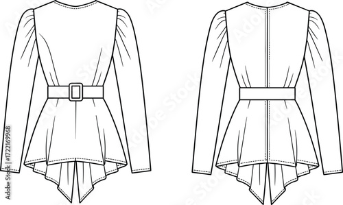 Peplum top technical sketch, fashion illustration, belted waist, puff sleeve, asymmetrical hem, long sleeve, front back view, garment design