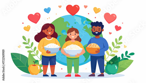 Diverse People Holding Bowls of Food Share Love and Nourishment Around a Vibrant Earth Surrounded by Hearts and Greenery