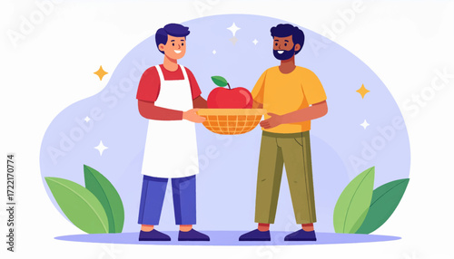 People Sharing Fresh Apple Harvest in a Basket, Illustration