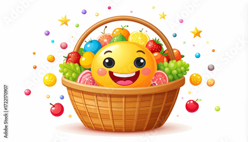 Cartoon fruit basket with emoji character, vibrant colors, and playful design for cheerful illustrations