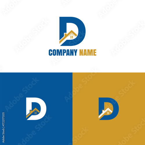 Blue letter d company logo with upward arrow and Home Icon