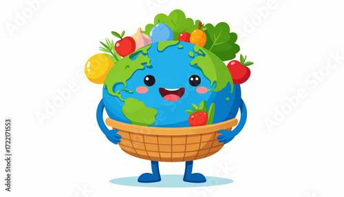 Cartoon earth character with a basket full of fresh fruits and vegetables, healthy eating concept