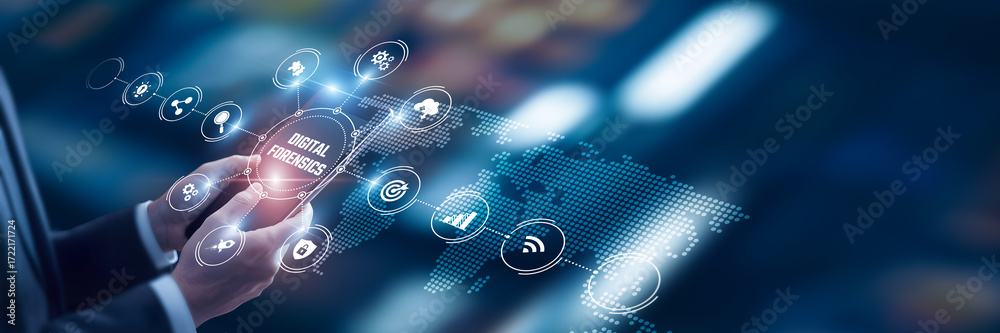 Obraz premium Businessman analysis of data Digital Forensics technological and cybercrime investigation tools, electronic evidence analysis systems, incident response frameworks