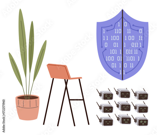Shield with binary code, robotic gadgets with expressions, modern chair, and a plant. Ideal for technology, cybersecurity, AI, innovation, data privacy futuristic concepts simple flat metaphor