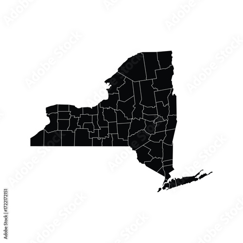 New York map. Black silhouette New York map with counties. Simple vector isolated.