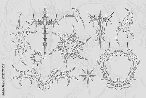 Set of neo tribal cyber sigilism abstract and symmetrical patterns, hand drawn art vector design