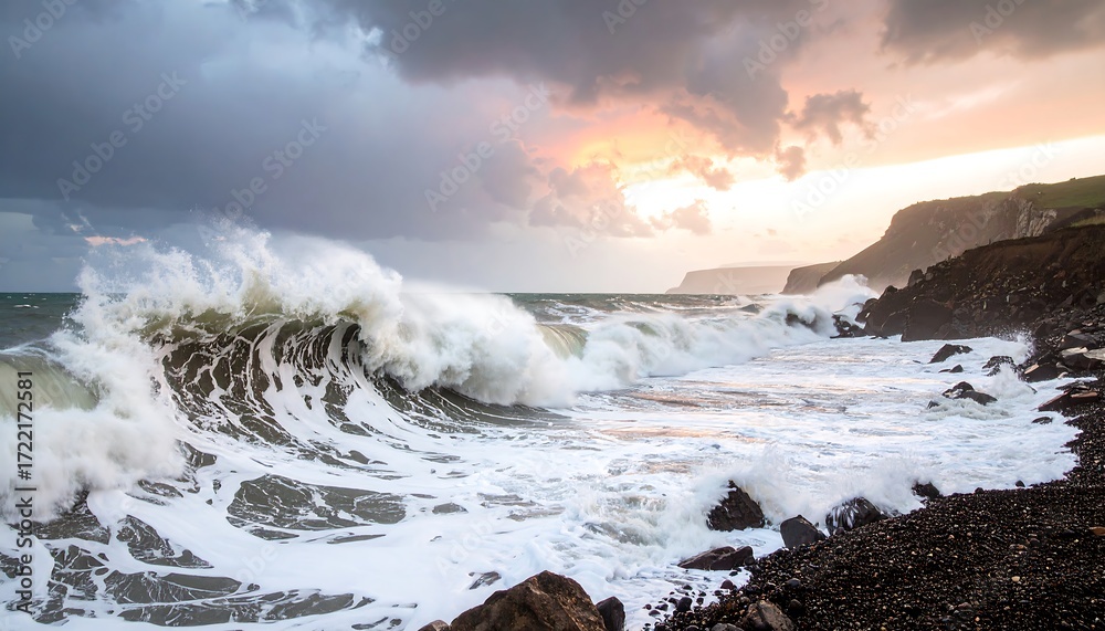 Obraz premium Dramatic coastal waves at sunset