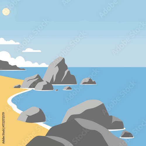 A minimalist illustration of a sunny coastal landscape featuring a sandy beach, large grey rocks, and the calm blue ocean under a clear sky.