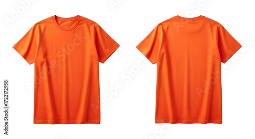 Front and back view of a plain orange tshirt isolated on transparent background, showcasing its simple design and fabric texture, perfect for fashion or apparel mockups