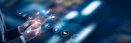 Businessman analysis of data Risk Management technological and enterprise compliance platforms, predictive risk analytics tools, cyber risk assessment, financial exposure frameworks